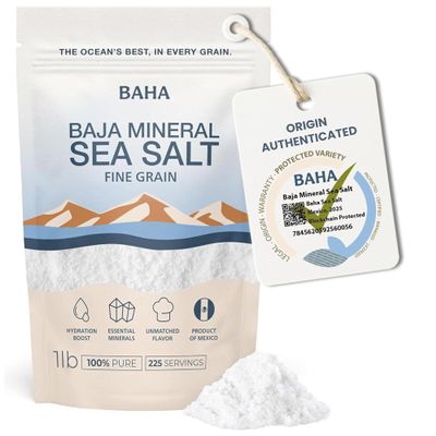 BAHA - Baja Gold Mineral Sea Salt, 1 Lb. Bag - Original Fine Grain, Premium Natural Crystals, Low Sodium, Kosher, For Cooking, Finishing, and Hydration, Sourced from Sea of Cortez. FIne Grain.