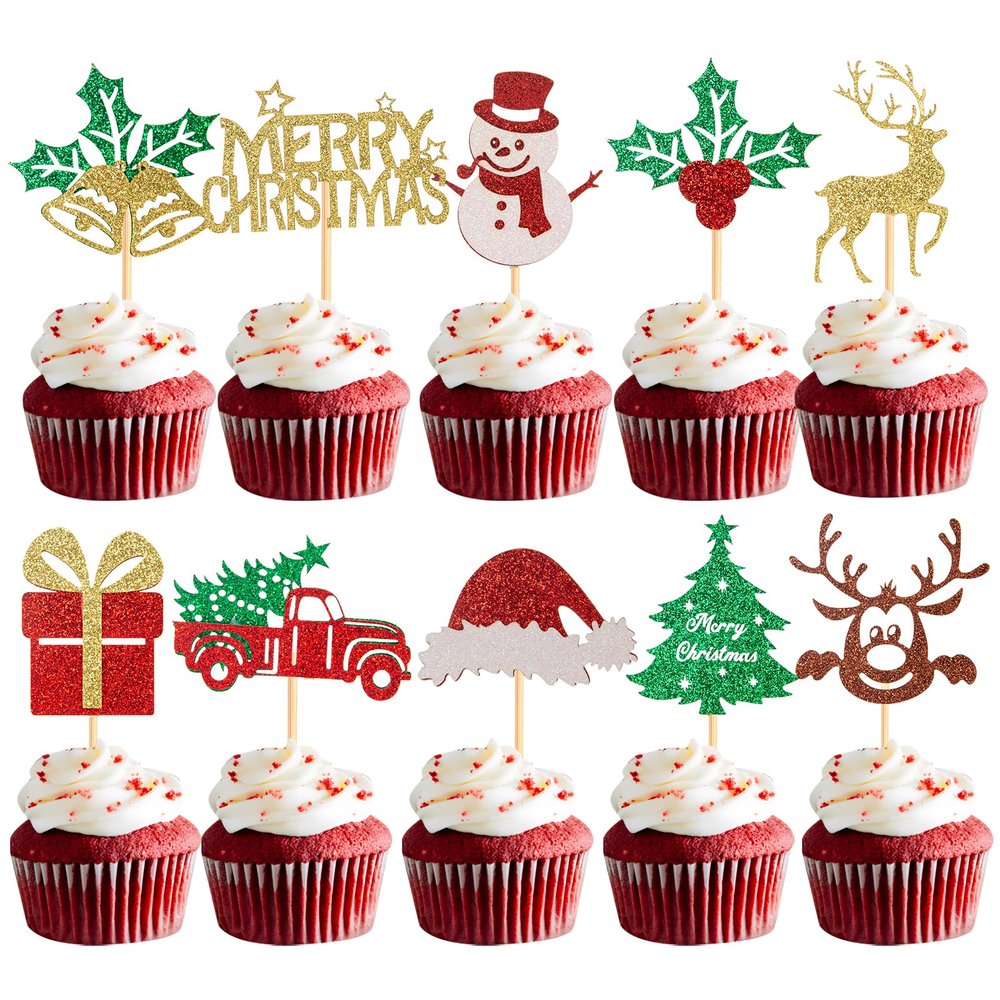 60Pcs Merry Christmas Cupcake Toppers, Glitter Christmas Eve Xmas Cupcake Picks Christmas Tree Cupcake Toppers for Christmas Theme New Year Holiday Party Cake Decorations,Mix Style