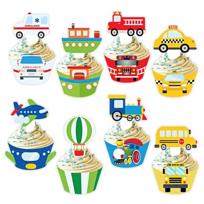 Transportation Theme Cupcake Toppers and Wrappers, Set of 48pcs Cupcake Decorations Supplies, Ambulance Taxi School Bus Train Airplane for Kids Boys Girls Birthday Baby Shower Party Supplies