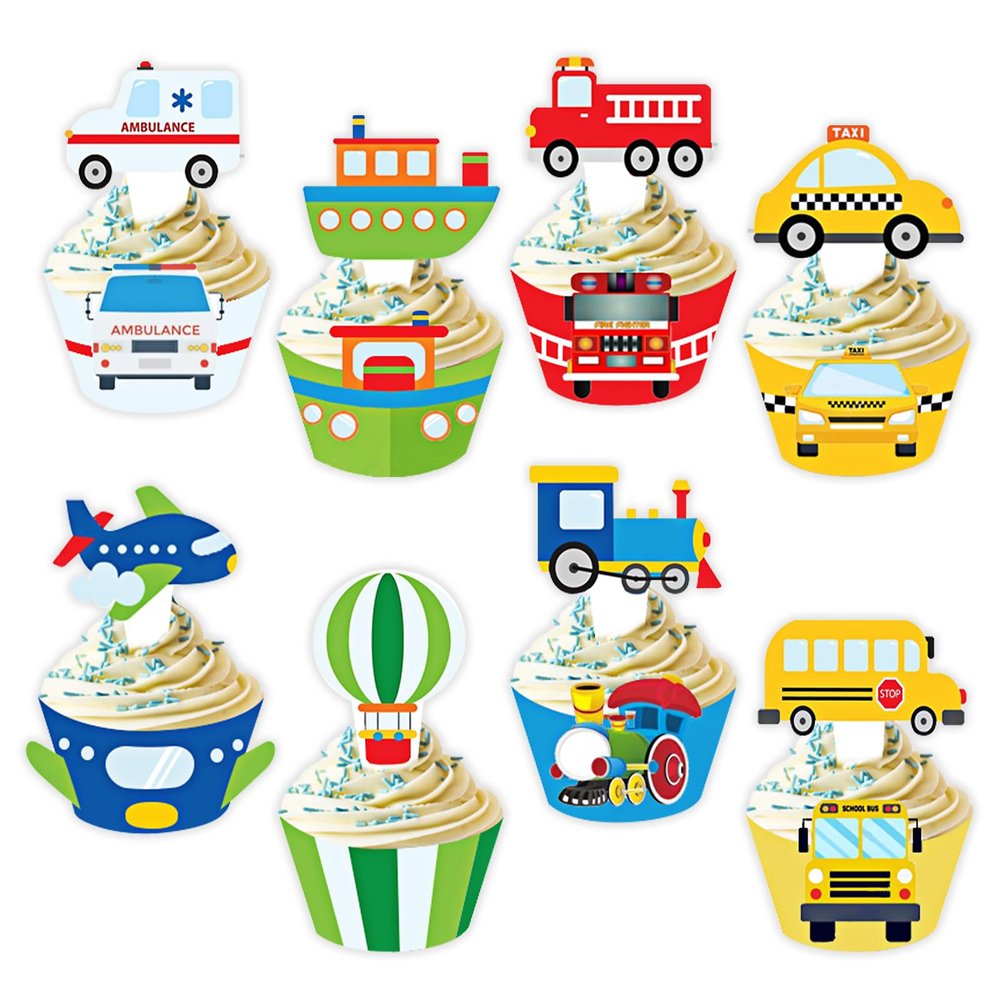 Transportation Theme Cupcake Toppers and Wrappers, Set of 48pcs Cupcake Decorations Supplies, Ambulance Taxi School Bus Train Airplane for Kids Boys Girls Birthday Baby Shower Party Supplies