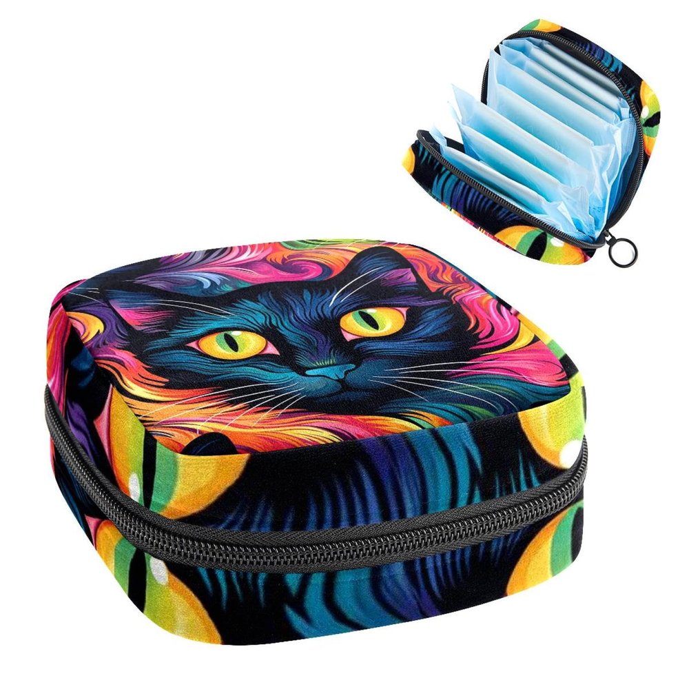 Sanitary Napkin Storage Bag, Cat Pattern-1416 Tampon Zipper Bags Pouch, Period Bag for Teen Girls Feminine Menstruation Purse