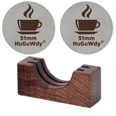 2 Packs Espresso Puck Screen 51mm with Walnut Stand, 1.7mm Thickness 150m Mesh 51mm Puck Screen 51 mm Portafilter Espresso Filter Bottomless Portafilter Espresso Accessories Kit