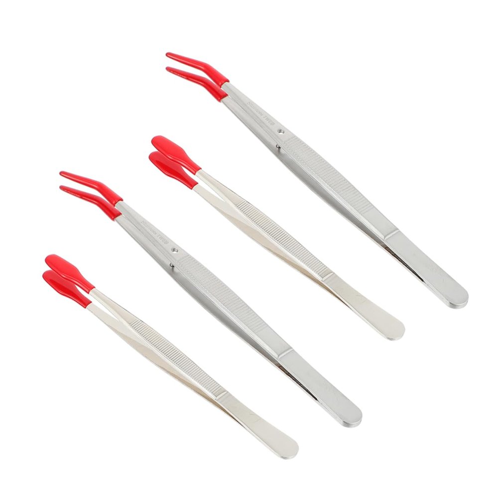 WOONEKY 4pcs Stamp Tweezers Precision Elbow Tweezers Wide Tip for Jewelry Lab Use