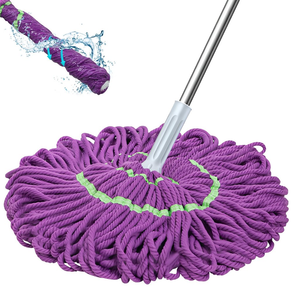 2-in-1 Dehydrated Mop, Floor Mop with Wring Function, Long Handle Mop for Floor Cleaning, Self-Wring Mop, Wet Dry Use Mop for Flooring and Tiles (Purple)