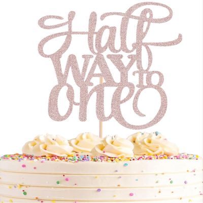 AHAORAY Half Way To One Cake Topper - Rose Gold Glitter 6 Months Birthday Decorations Supplies - Half Birthday Decorations Baby Girl, for Baby Shower/Gender Reveal Party/Baby Party Photo Booth Props