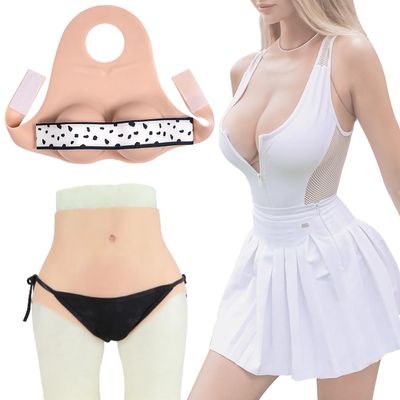 XRSMOU Silicone Fake Breast Vest, Artificial Simulation Sling, Silicone Vagina Panties, Fake Vagina Hidden Boxer Briefs (#3 B cup Cotton)