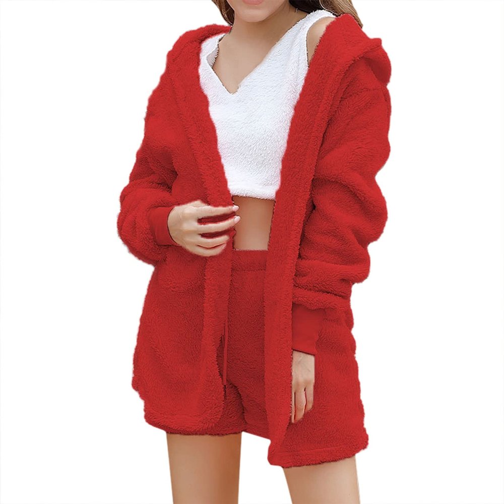 LOIJMK Fleece Pyjamas Short Women's Fluffy Plush Pyjamas Cardigan/Shorts/Crop Warm Tracksuit Warm Winter Hooded Jacket Plain Comfortable Loungewear Set Cuddly Suit Leisure Suit Women's Set 3 Pieces,