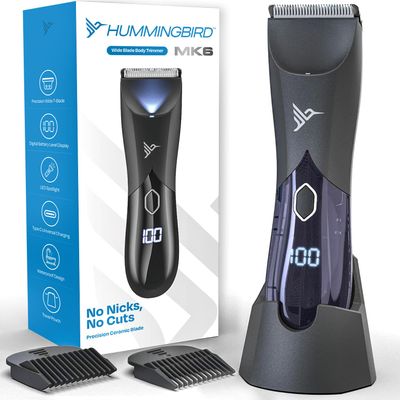 Hummingbird MK6 Body Hair Trimmer for Men  Wide Ceramic Blade, No Nick, No Cut, Ball Trimmer & Body Shaver, Waterproof, USB-C Rechargeable, LED Display, Charging Dock & Travel Pouch, Body Groomer