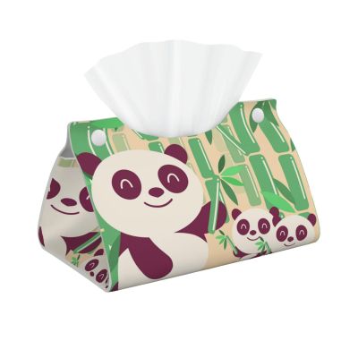 Green Bamboo Cute Pandas Tissue Box Cover PVC Leather Facial Tissue Dispenser Box Holder for Dresser Bathroom Decorative