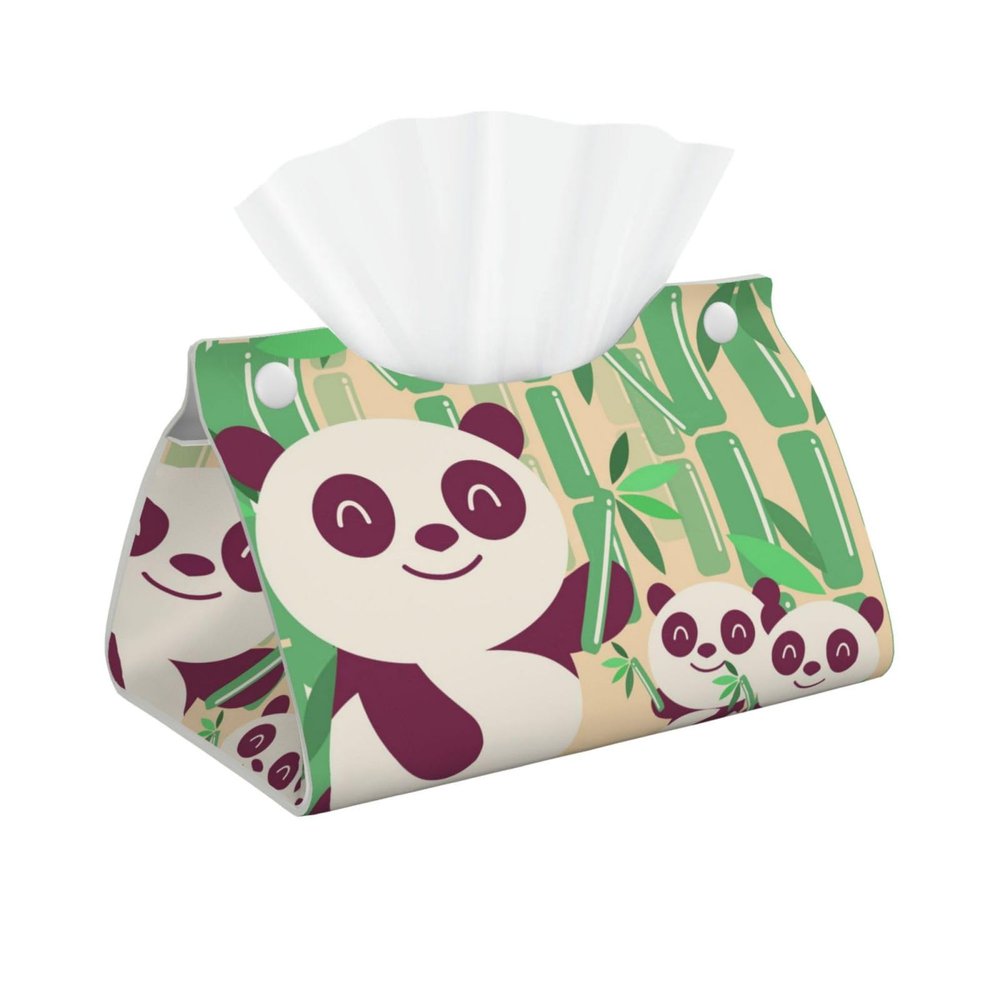 Green Bamboo Cute Pandas Tissue Box Cover PVC Leather Facial Tissue Dispenser Box Holder for Dresser Bathroom Decorative