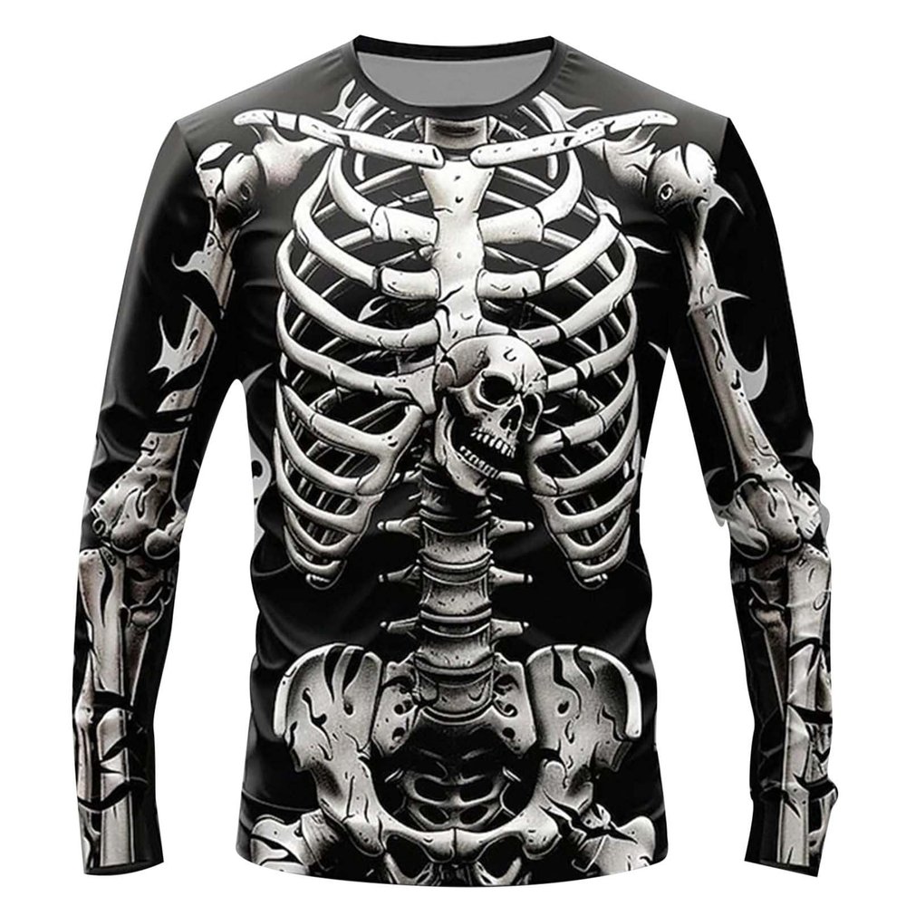 Mymyguoe Halloween Skeleton T-Shirts Men's Sweatshirt 3D Print Long Sleeve Shirts Pullover Long Sleeve Shirt Skeleton T-Shirt Halloween Costume Party Decoration Fancy Dress Costumes Print Streetwear T