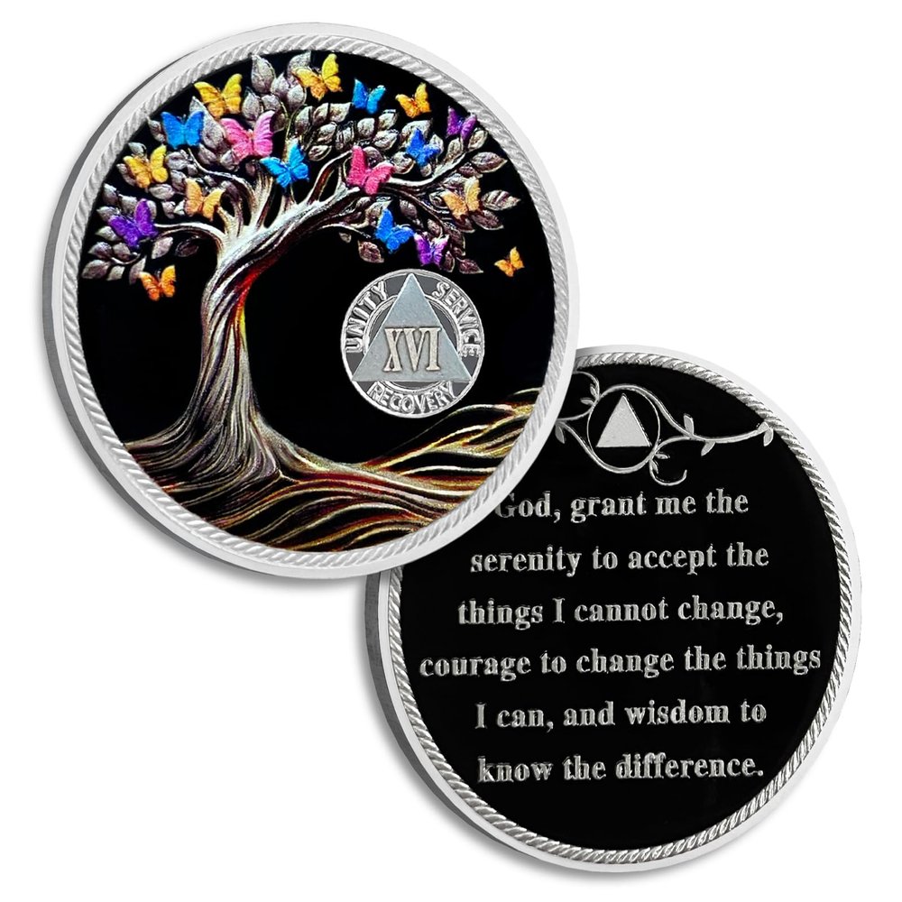 16 Years Sobriety Coin Butterfly Tree of Life AA Chips and Medallions Sobriety Recovery Chip Sober Token Sobriety Gifts for Men Women Celebrating Alcoholics Anonymous Recovery