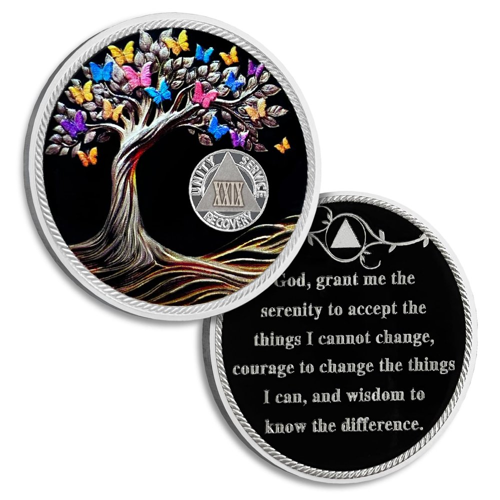 29 Years Sobriety Coin Butterfly Tree of Life AA Chips and Medallions Sobriety Recovery Chip Sober Token Sobriety Gifts for Men Women Celebrating Alcoholics Anonymous Recovery