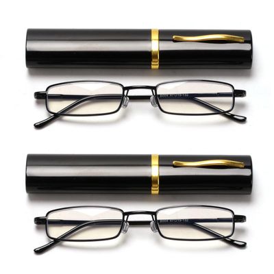 VANANA Slim Pocket Reading Glasses, Blue Light Blocking Magnifying Glasses, Metal Frame Spring Hinge Compact Readers with Portable Clip Case, Unisex for Men Women, Pack of 2 (Black, 2.5, x)