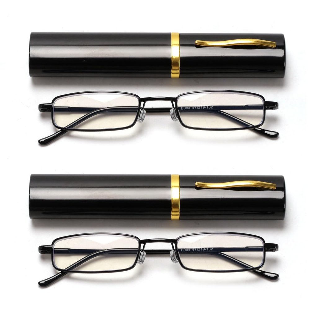 VANANA Slim Pocket Reading Glasses, Blue Light Blocking Magnifying Glasses, Metal Frame Spring Hinge Compact Readers with Portable Clip Case, Unisex for Men Women, Pack of 2 (Black, 2.5, x)