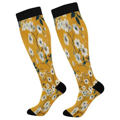 SKYSHU Flower Twig Compression Socks for Women Men(1 Pair), Non-Slip Circulation Knee High Stockings Long Tube Stocking for Running Cycling Travel Nurse Medical,20-30 mmHg