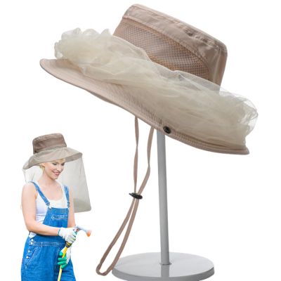 Dmuzsoih Beekeeping Hat for Women - Face Neck Fly Netting Hood,Summer Anti-Gnat Head Covering Quick-Drying for Outdoor, Wide-Brim Sunscreen Beige