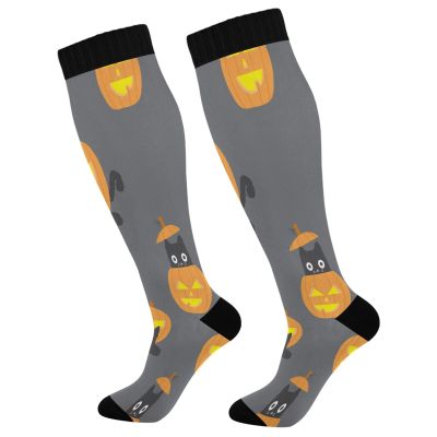 SKYSHU Halloween Cat Compression Socks for Women Men(1 Pair), Non-Slip Circulation Knee High Stockings Long Tube Stocking for Running Cycling Travel Nurse Medical,20-30 mmHg
