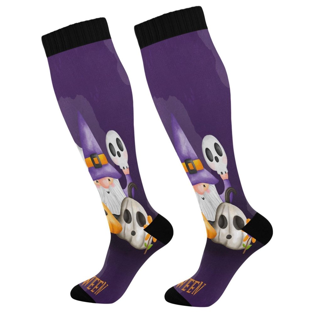 SKYSHU Halloween Gnome Compression Socks for Women Men(1 Pair), Non-Slip Circulation Knee High Stockings Long Tube Stocking for Running Cycling Travel Nurse Medical,20-30 mmHg
