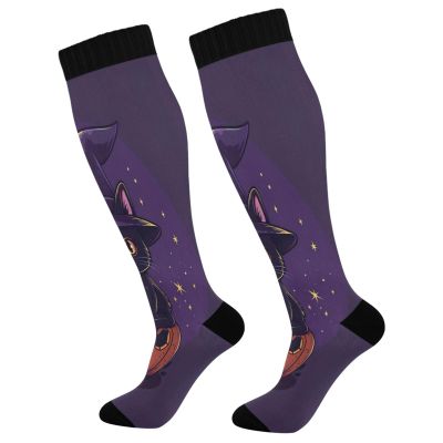 SKYSHU Halloween Cat Compression Socks for Women Men(1 Pair), Non-Slip Circulation Knee High Stockings Long Tube Stocking for Running Cycling Travel Nurse Medical,20-30 mmHg
