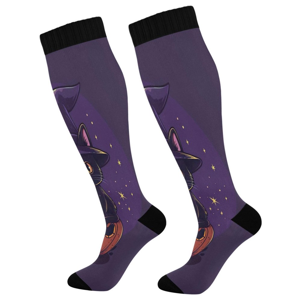 SKYSHU Halloween Cat Compression Socks for Women Men(1 Pair), Non-Slip Circulation Knee High Stockings Long Tube Stocking for Running Cycling Travel Nurse Medical,20-30 mmHg