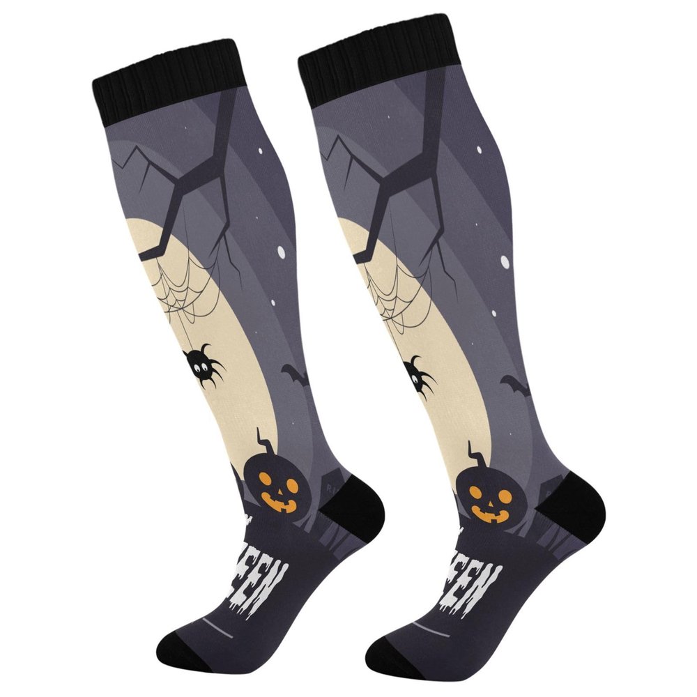 SKYSHU Halloween Compression Socks for Women Men(1 Pair), Non-Slip Circulation Knee High Stockings Long Tube Stocking for Running Cycling Travel Nurse Medical,20-30 mmHg
