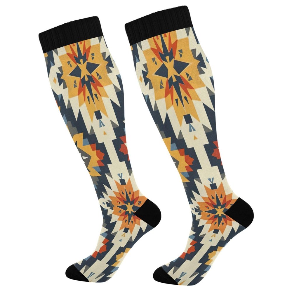 SKYSHU Aztec Compression Socks for Women Men(1 Pair), Non-Slip Circulation Knee High Stockings Long Tube Stocking for Running Cycling Travel Nurse Medical,20-30 mmHg