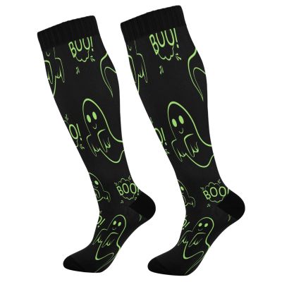 SKYSHU Halloween Ghost Compression Socks for Women Men(1 Pair), Non-Slip Circulation Knee High Stockings Long Tube Stocking for Running Cycling Travel Nurse Medical,20-30 mmHg