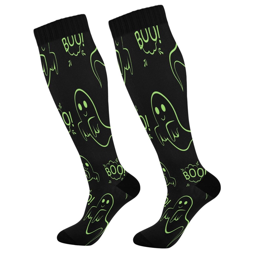 SKYSHU Halloween Ghost Compression Socks for Women Men(1 Pair), Non-Slip Circulation Knee High Stockings Long Tube Stocking for Running Cycling Travel Nurse Medical,20-30 mmHg