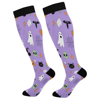 SKYSHU Halloween Ghost Pumpkin Compression Socks for Women Men(1 Pair), Non-Slip Circulation Knee High Stockings Long Tube Stocking for Running Cycling Travel Nurse Medical,20-30 mmHg