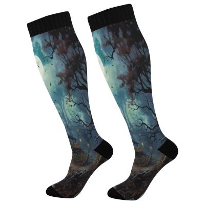 SKYSHU Halloween Castle Compression Socks for Women Men(1 Pair), Non-Slip Circulation Knee High Stockings Long Tube Stocking for Running Cycling Travel Nurse Medical,20-30 mmHg