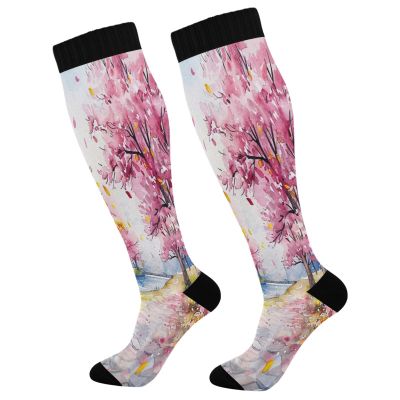 SKYSHU Painting Tree Compression Socks for Women Men(1 Pair), Non-Slip Circulation Knee High Stockings Long Tube Stocking for Running Cycling Travel Nurse Medical,20-30 mmHg