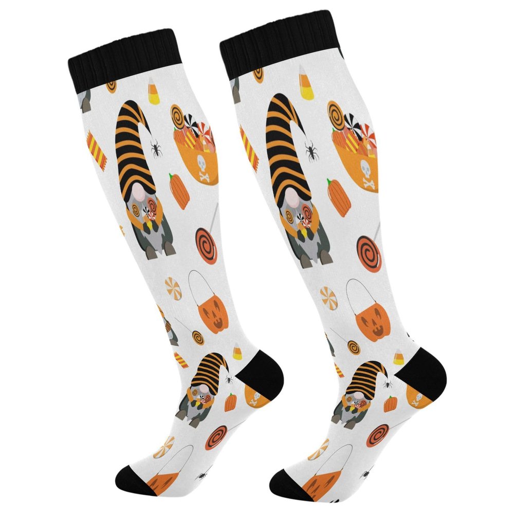 SKYSHU Halloween Gnome Compression Socks for Women Men(1 Pair), Non-Slip Circulation Knee High Stockings Long Tube Stocking for Running Cycling Travel Nurse Medical,20-30 mmHg