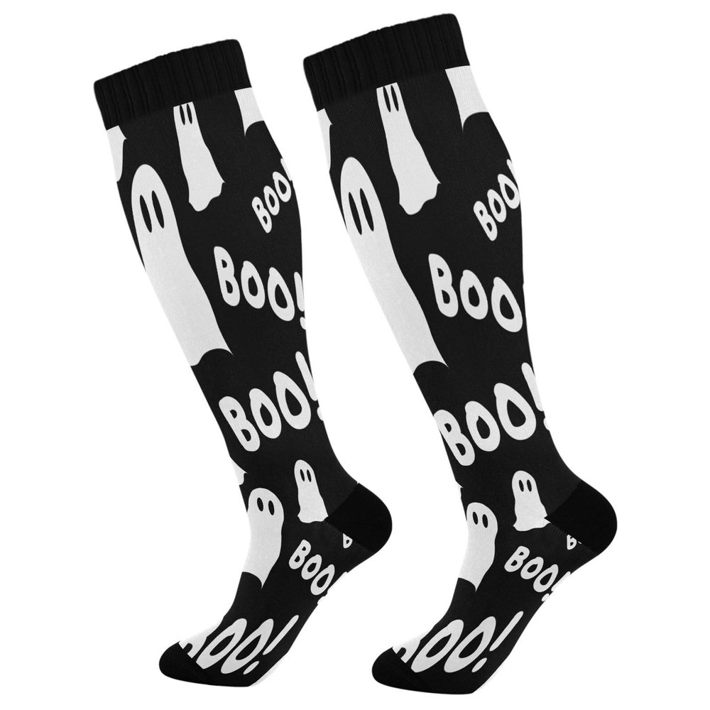 SKYSHU Halloween Ghost Compression Socks for Women Men(1 Pair), Non-Slip Circulation Knee High Stockings Long Tube Stocking for Running Cycling Travel Nurse Medical,20-30 mmHg