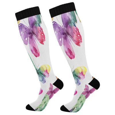 SKYSHU Butterfly Compression Socks for Women Men(1 Pair), Non-Slip Circulation Knee High Stockings Long Tube Stocking for Running Cycling Travel Nurse Medical,20-30 mmHg