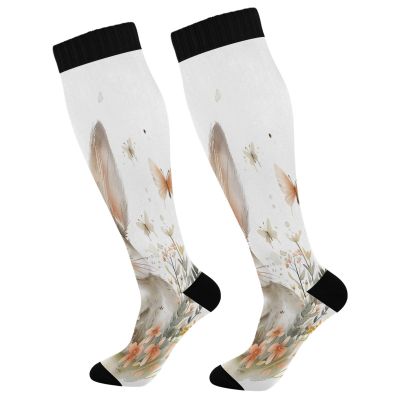 SKYSHU Cute Bunny Compression Socks for Women Men(1 Pair), Non-Slip Circulation Knee High Stockings Long Tube Stocking for Running Cycling Travel Nurse Medical,20-30 mmHg