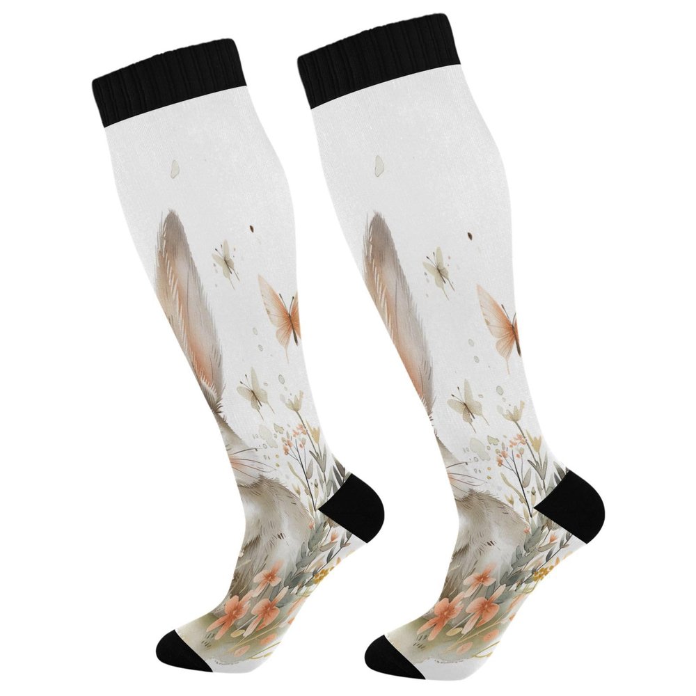 SKYSHU Cute Bunny Compression Socks for Women Men(1 Pair), Non-Slip Circulation Knee High Stockings Long Tube Stocking for Running Cycling Travel Nurse Medical,20-30 mmHg