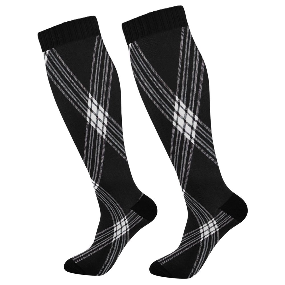 SKYSHU Check Plaid Compression Socks for Women Men(1 Pair), Non-Slip Circulation Knee High Stockings Long Tube Stocking for Running Cycling Travel Nurse Medical,20-30 mmHg