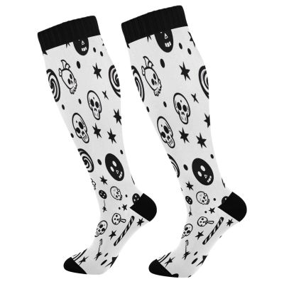 SKYSHU Halloween Skull Candy Compression Socks for Women Men(1 Pair), Non-Slip Circulation Knee High Stockings Long Tube Stocking for Running Cycling Travel Nurse Medical,20-30 mmHg