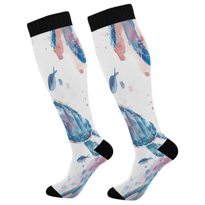 SKYSHU Sea Turtle Compression Socks for Women Men(1 Pair), Non-Slip Circulation Knee High Stockings Long Tube Stocking for Running Cycling Travel Nurse Medical,20-30 mmHg