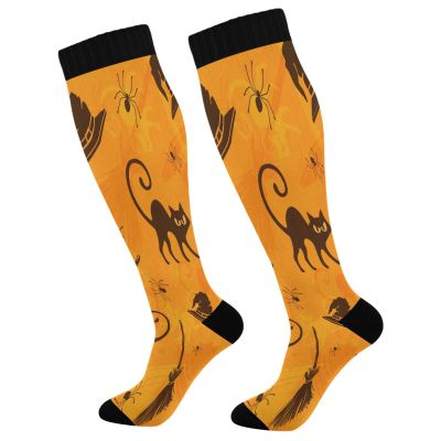 SKYSHU Halloween Cat Compression Socks for Women Men(1 Pair), Non-Slip Circulation Knee High Stockings Long Tube Stocking for Running Cycling Travel Nurse Medical,20-30 mmHg