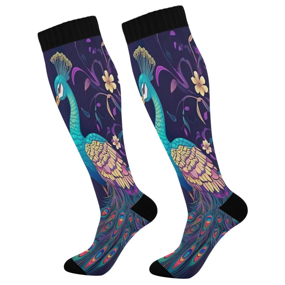 SKYSHU Peacock Compression Socks for Women Men(1 Pair), Non-Slip Circulation Knee High Stockings Long Tube Stocking for Running Cycling Travel Nurse Medical,20-30 mmHg