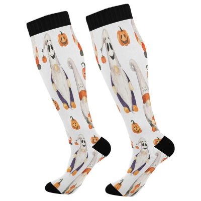 SKYSHU Halloween Gnome Compression Socks for Women Men(1 Pair), Non-Slip Circulation Knee High Stockings Long Tube Stocking for Running Cycling Travel Nurse Medical,20-30 mmHg