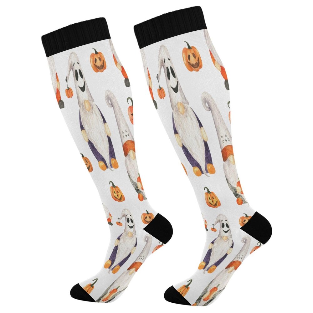 SKYSHU Halloween Gnome Compression Socks for Women Men(1 Pair), Non-Slip Circulation Knee High Stockings Long Tube Stocking for Running Cycling Travel Nurse Medical,20-30 mmHg