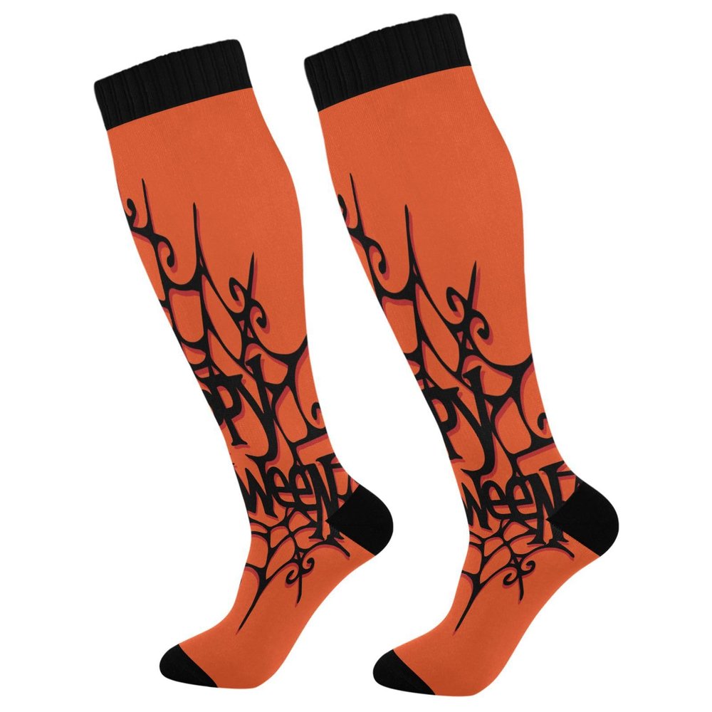 SKYSHU Halloween Spider Compression Socks for Women Men(1 Pair), Non-Slip Circulation Knee High Stockings Long Tube Stocking for Running Cycling Travel Nurse Medical,20-30 mmHg