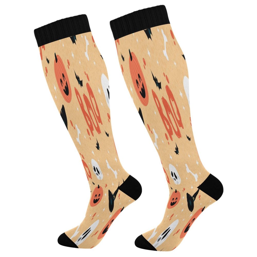 SKYSHU Halloween Pumpkin Compression Socks for Women Men(1 Pair), Non-Slip Circulation Knee High Stockings Long Tube Stocking for Running Cycling Travel Nurse Medical,20-30 mmHg