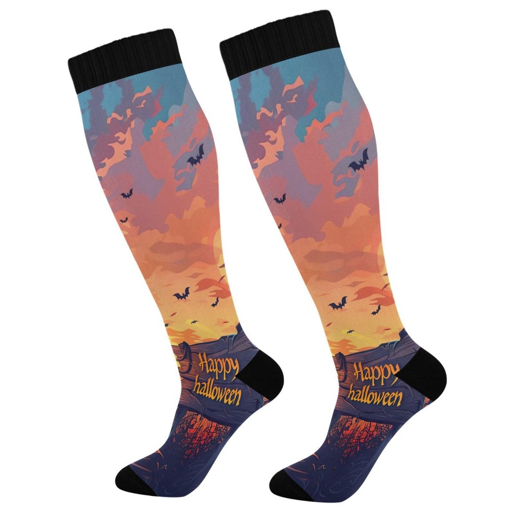 SKYSHU Happy Halloween Compression Socks for Women Men(1 Pair), Non-Slip Circulation Knee High Stockings Long Tube Stocking for Running Cycling Travel Nurse Medical,20-30 mmHg