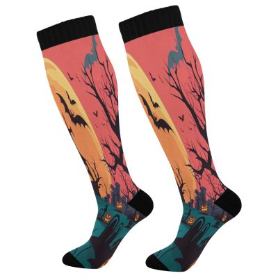 SKYSHU Halloween Compression Socks for Women Men(1 Pair), Non-Slip Circulation Knee High Stockings Long Tube Stocking for Running Cycling Travel Nurse Medical,20-30 mmHg