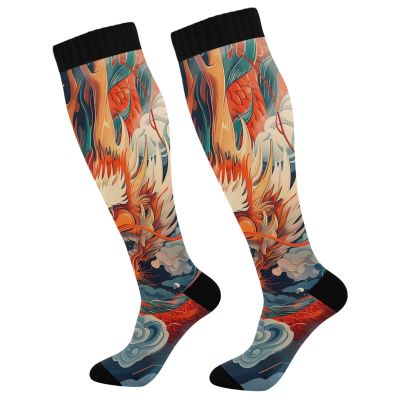 SKYSHU Chinese Dragon Compression Socks for Women Men(1 Pair), Non-Slip Circulation Knee High Stockings Long Tube Stocking for Running Cycling Travel Nurse Medical,20-30 mmHg