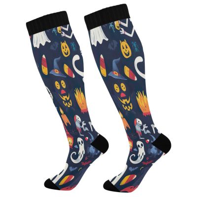 SKYSHU Halloween Ghost Compression Socks for Women Men(1 Pair), Non-Slip Circulation Knee High Stockings Long Tube Stocking for Running Cycling Travel Nurse Medical,20-30 mmHg